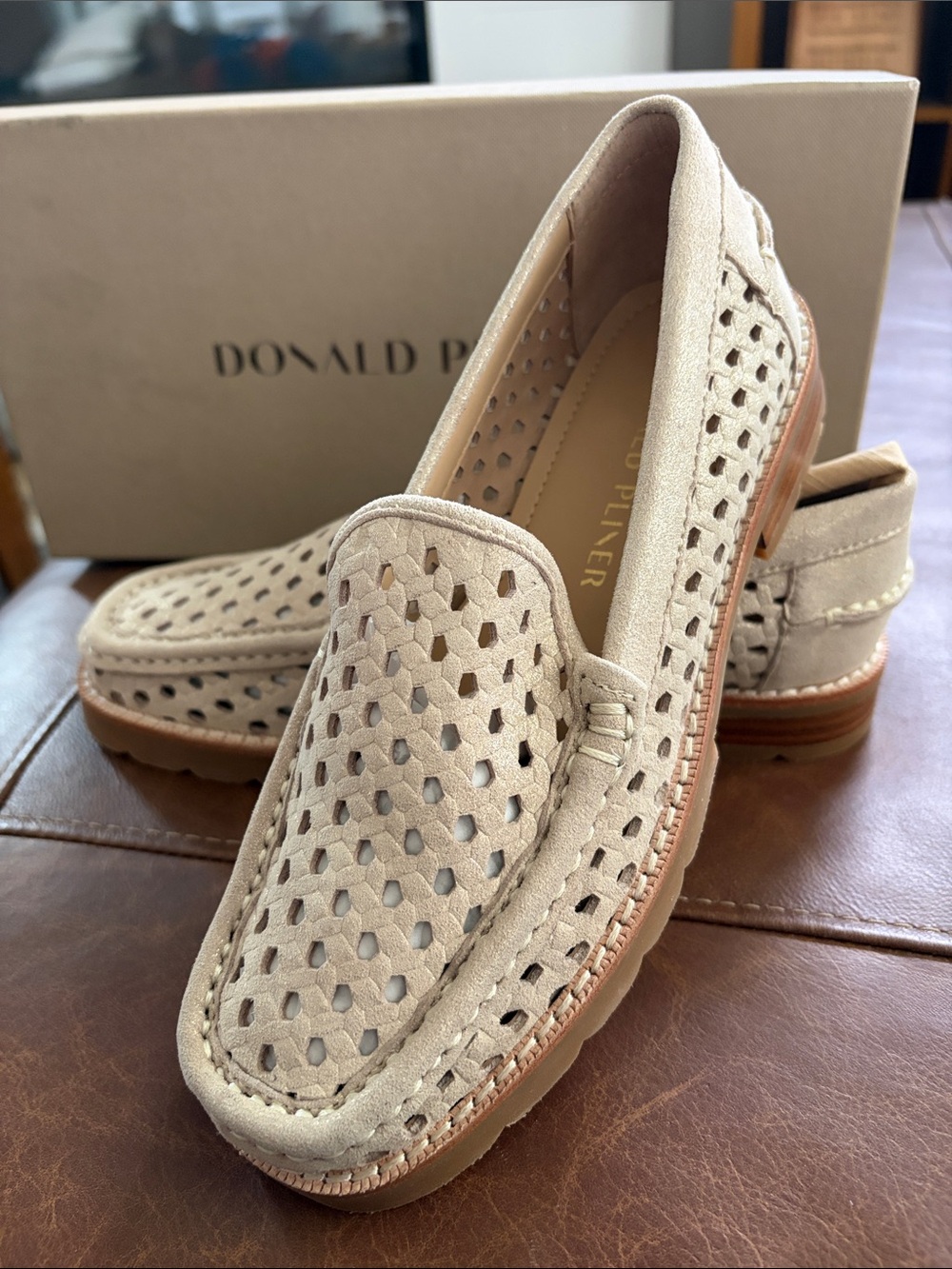 Donald J. Pliner Perforated Suede Loafers in Beige